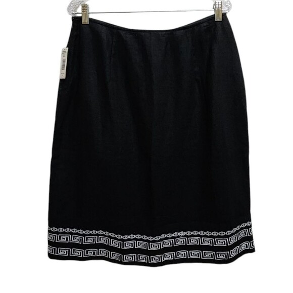 Parisian Skirt Womens 12 Black 100% Linen White Embroidered Zip Office Preppy - Picture 2 of 9